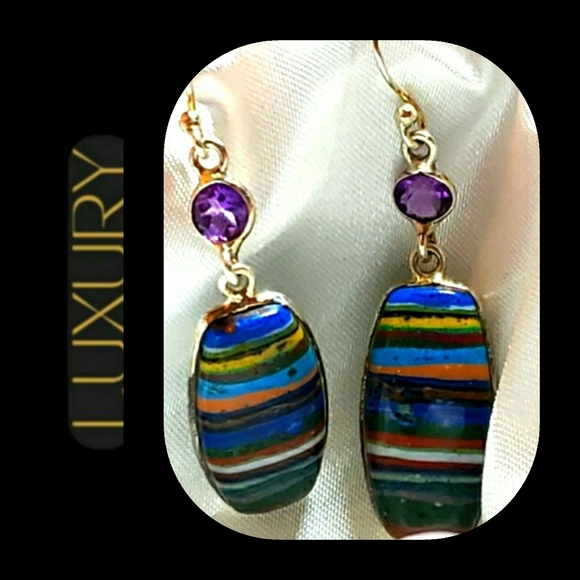 Botswana Agate Stone w Amethyst Gem Accent SS Earrings - Picture 3 of 5